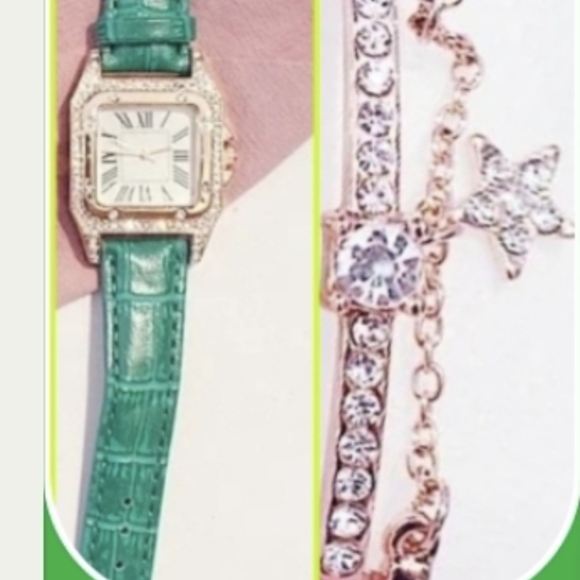 Watch & Rhinestone Bracelet Set~Green Band~New - Picture 8 of 10